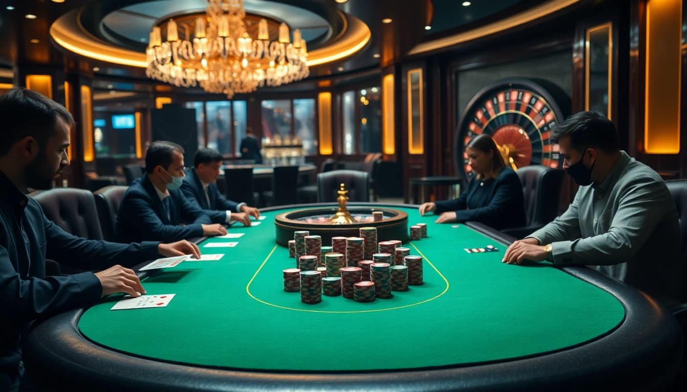 Experience the thrill of casino gaming at xin88 with vibrant poker tables and roulette wheels.