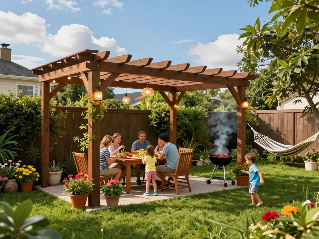 3D pergola in a vibrant backyard setting with a family gathering, lush grass, and evening ambiance.