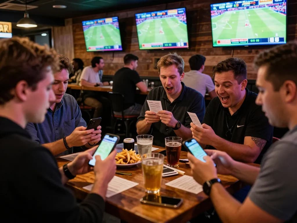 Betting on live sports at a lively bar using 9bet app on smartphones