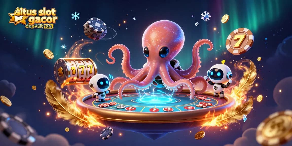 Swing into thrilling action with situs slot gacor deposit 10k, featuring an alien octopus at a holographic poker table amidst vibrant casino elements.