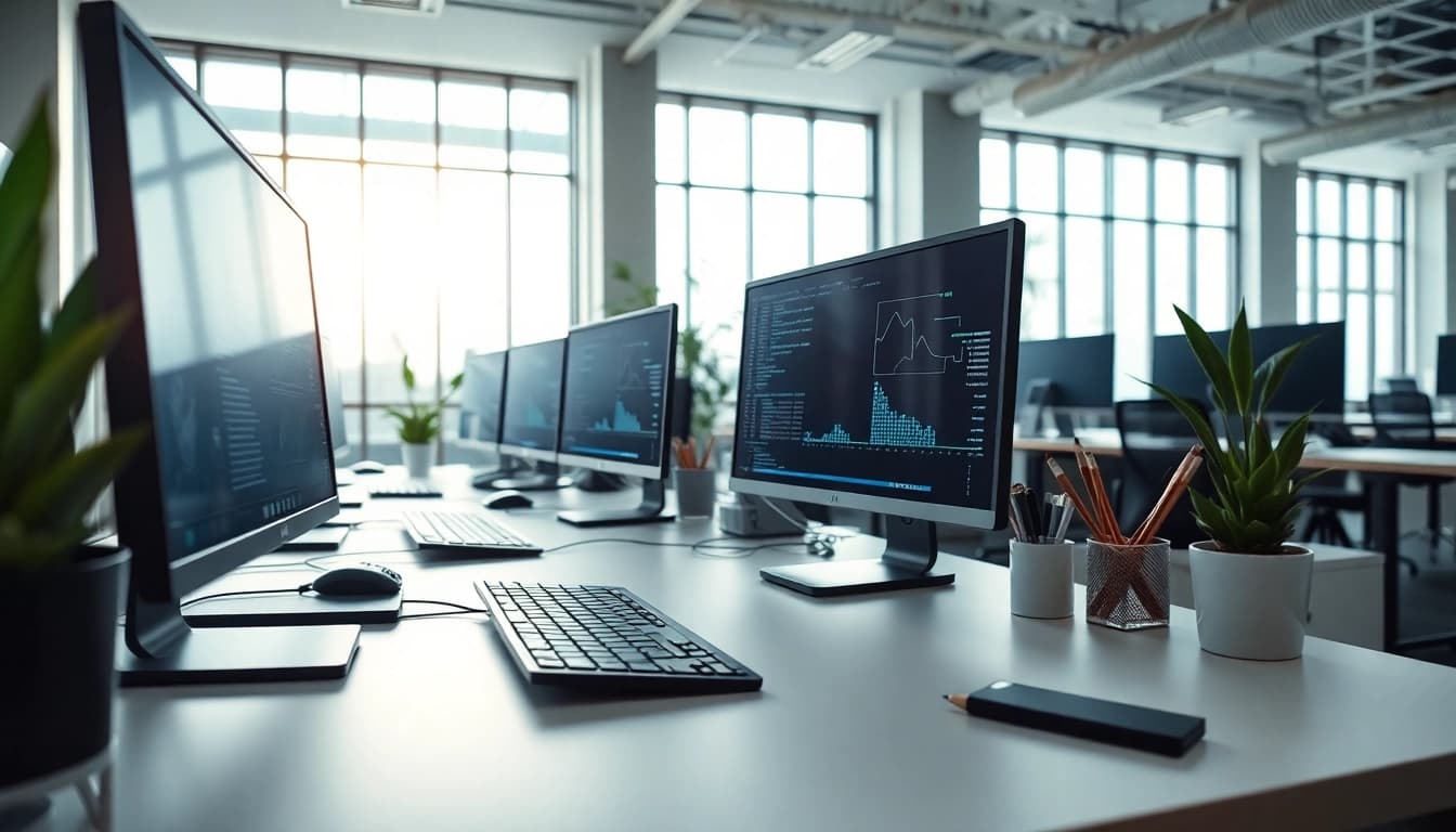 Enhance productivity at a typing center with high-tech workstations and natural lighting.