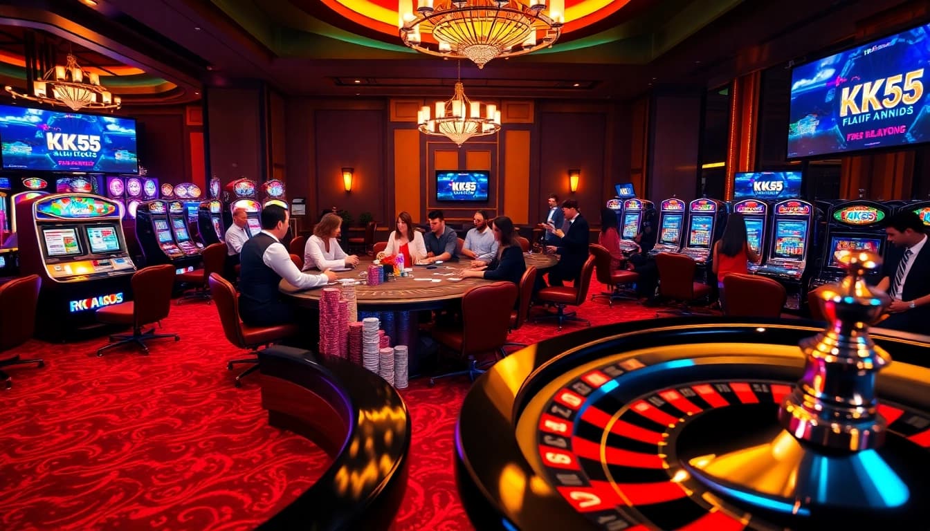 Players enjoying a high-stakes game at KK55 casino, showcasing vibrant poker chips and glowing slot machines.