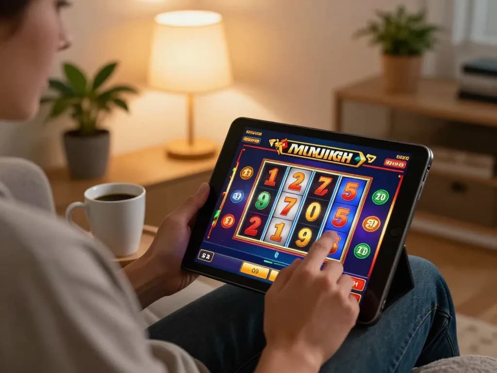 Engaging online gaming with 98win slot on a tablet in a cozy home setting.