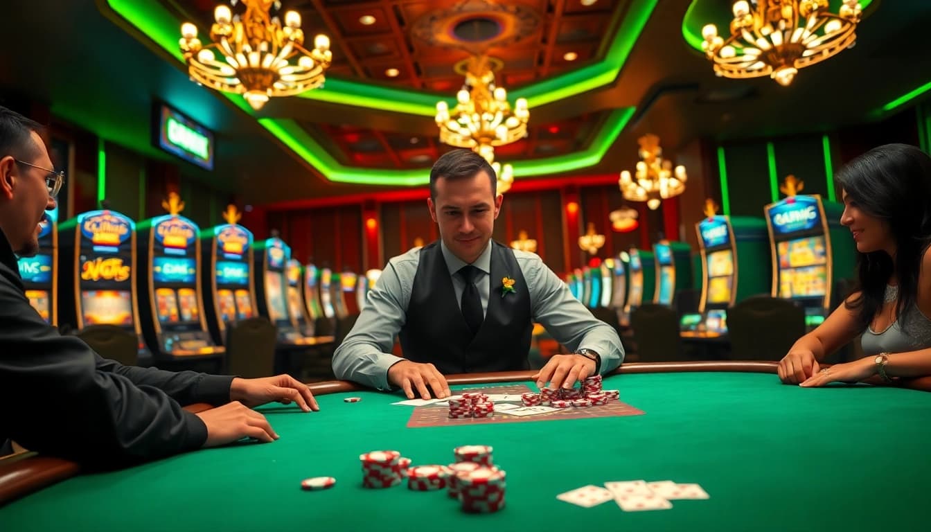 Main dealer at bbni4d casino card table with players engaged in game.