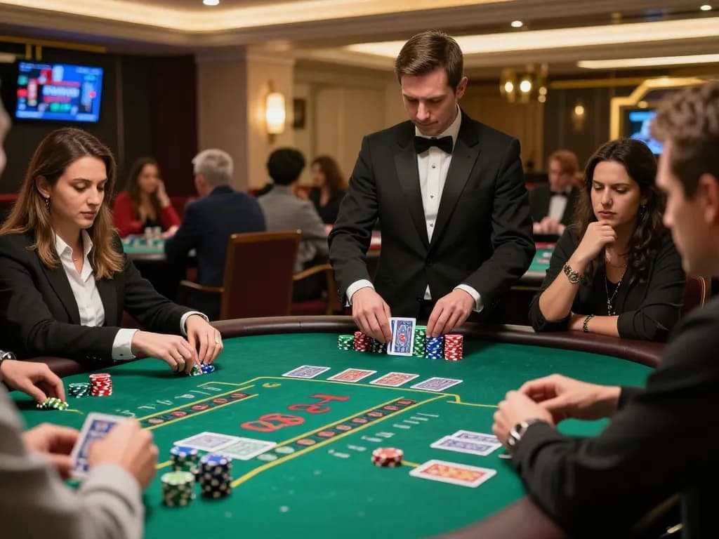 Exciting baccarat table scene showcasing vibrant gameplay at a bustling 바카라사이트 with a professional dealer and colorful chips.