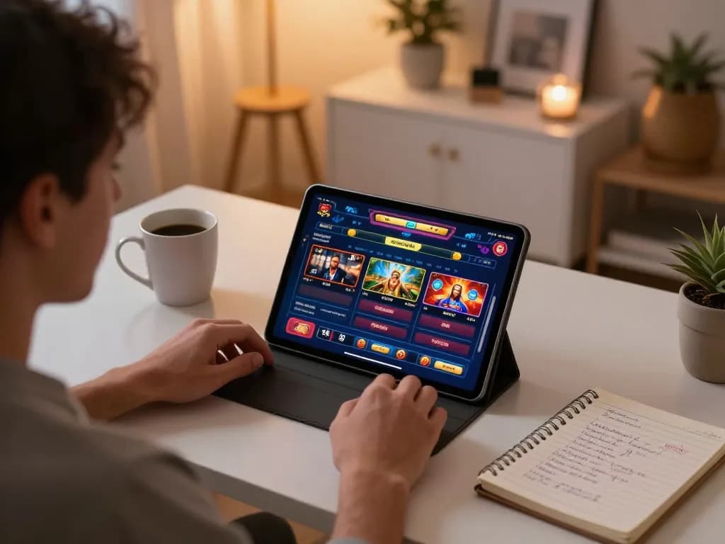 Engaging online gaming experience at bgd33 with player focusing on tablet and detailed betting notes.