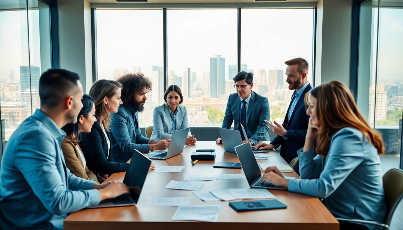 Engaging business meeting showcasing collaboration among professionals in a modern office.