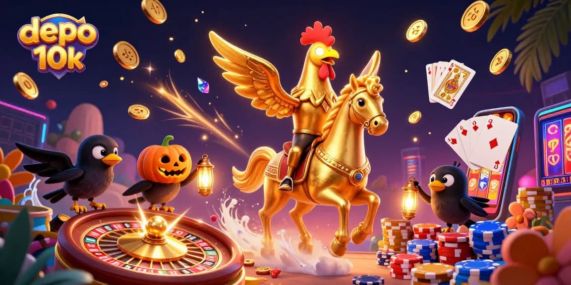 Play exciting slot games at depo 10k with golden rooster and casino elements.