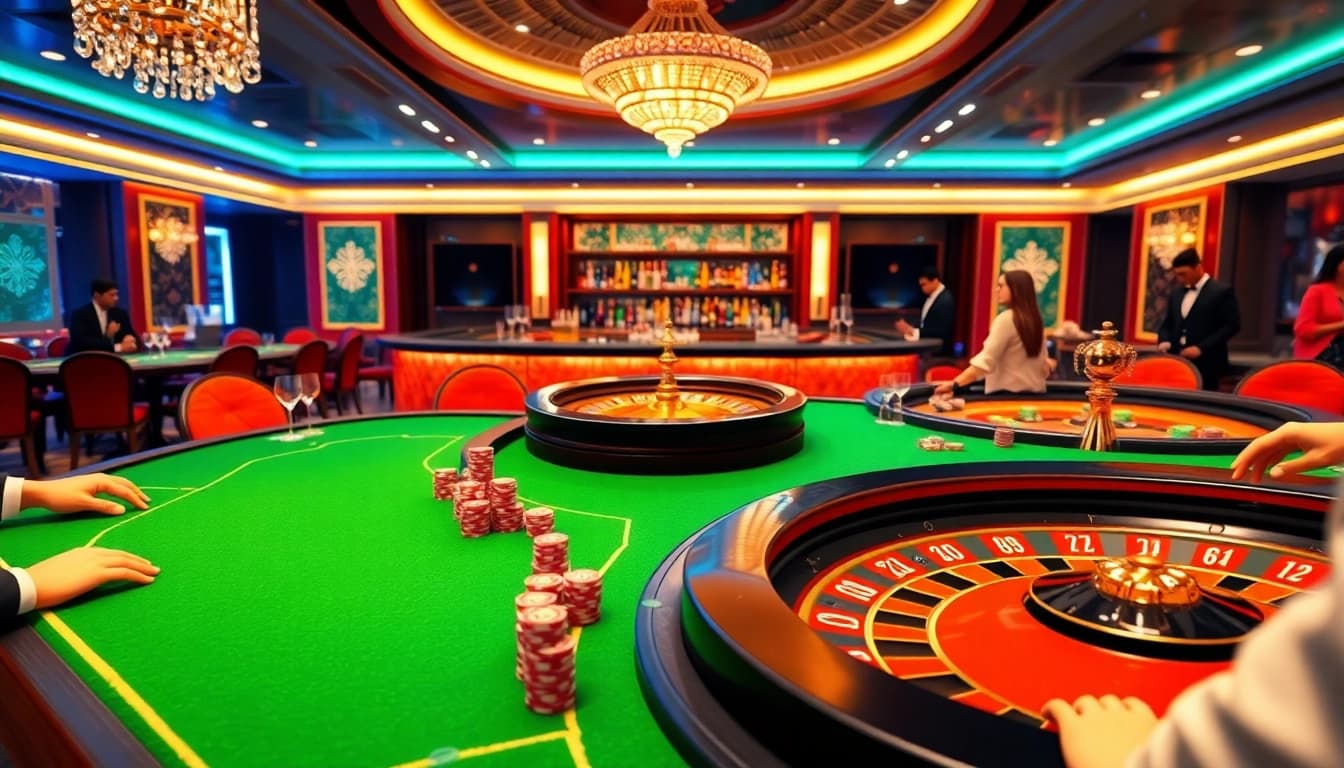 ONE88 casino scene showcasing luxury gaming tables and vibrant poker chips in an elegant setting.