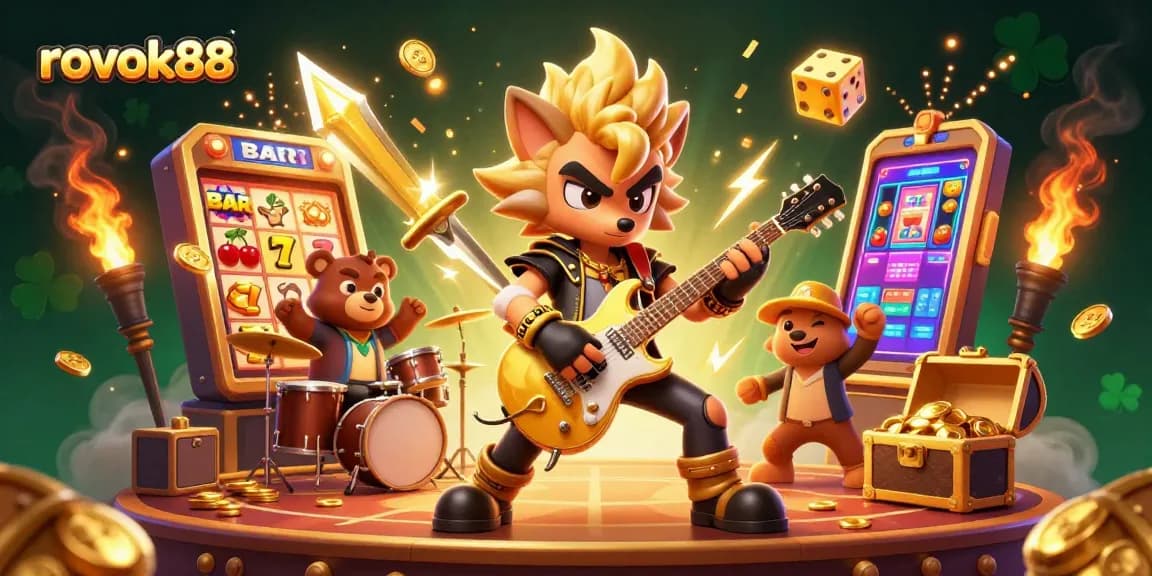 Experience thrilling gaming action with rokok88 as a rock star wolf shreds on stage amidst a vibrant casino scene.