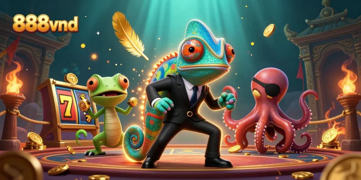Engage in thrilling games at 888vnd, featuring vibrant scenes of chameleons and octopuses in a lively casino.