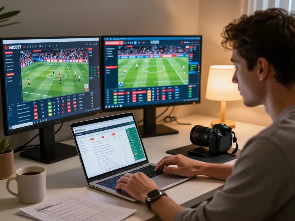 SBOBET sports betting at home, showcasing enthusiastic bettor reviewing live odds on multiple screens.