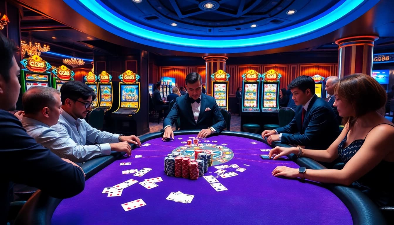 Experienced gamblers enjoy a thrilling game at the GG88 poker table while colorful cards and chips abound.