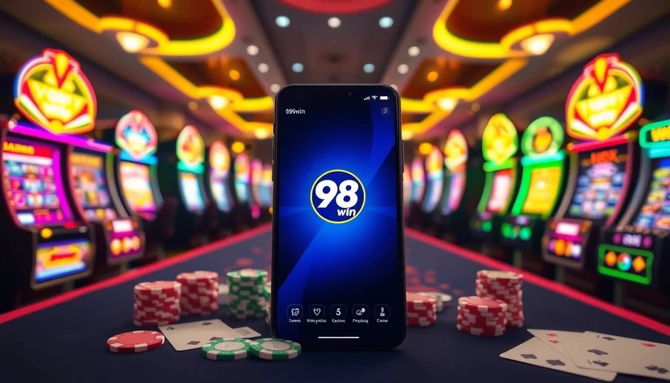 Experience the thrill of winning with app 98win, showcasing vibrant casino elements.