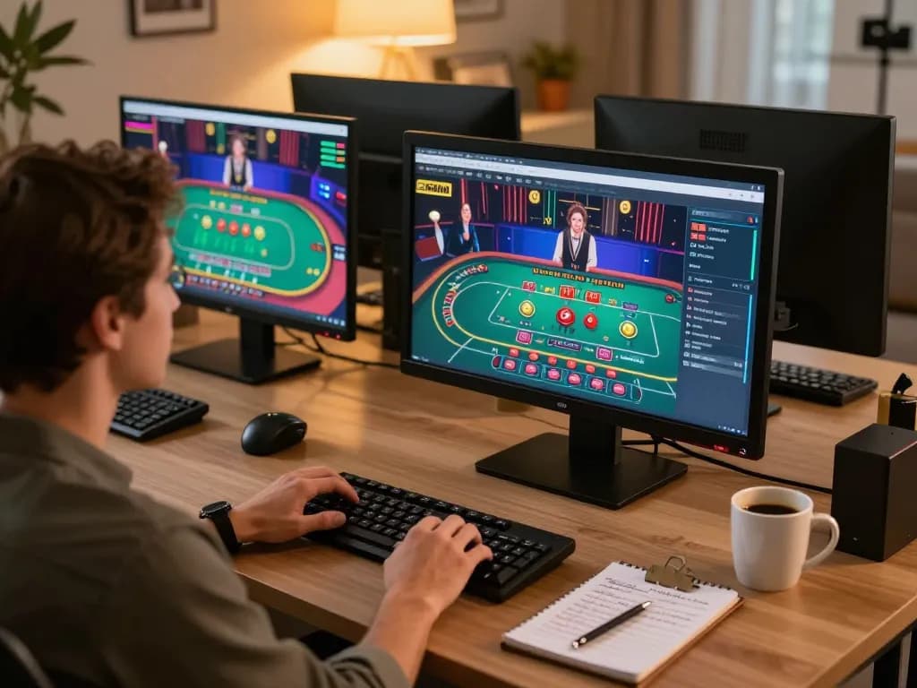 Engaging scene of online gaming at home with ATQ interface showing live dealer game, highlighting strategic gambling excitement.