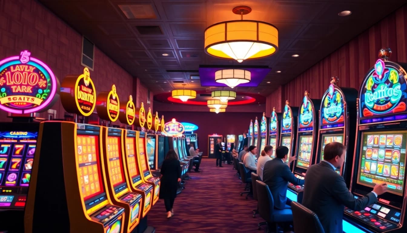 Masuk hoki 77 login dengan suasana kasino penuh warna dan slot yang ceria.