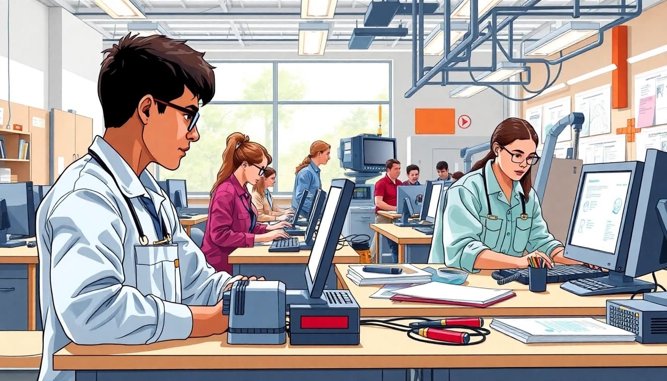 Trade School Tennessee students actively learning and practicing skills in a modern classroom setting.