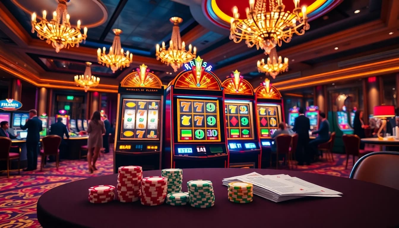 Memainkan slot pulsa di mesin slot kasino yang penuh warna, dikelilingi chip poker berwarna.