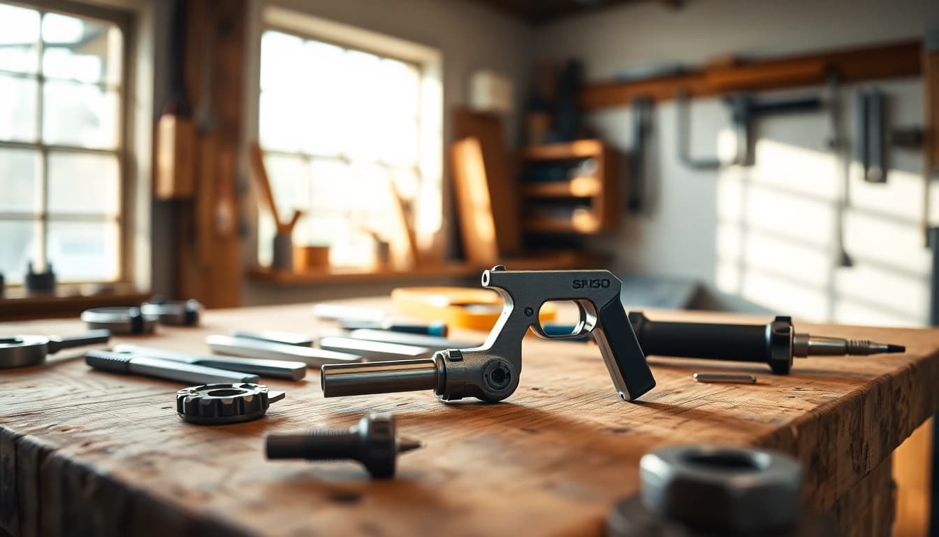 A detailed view of a 3 position forced reset trigger showcasing its metallic features and craftsmanship.