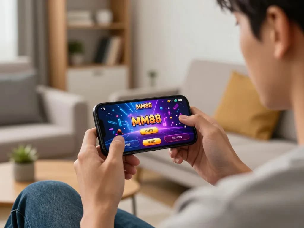 Tải app MM88 displayed on a smartphone during an engaging online gambling session, highlighting modern gaming atmosphere.
