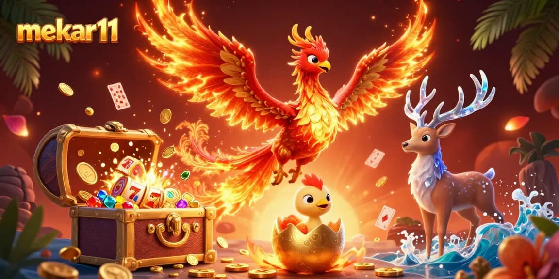 Mekar11 delivers thrilling gaming experiences with a vibrant illustration featuring a phoenix and exciting slot elements.