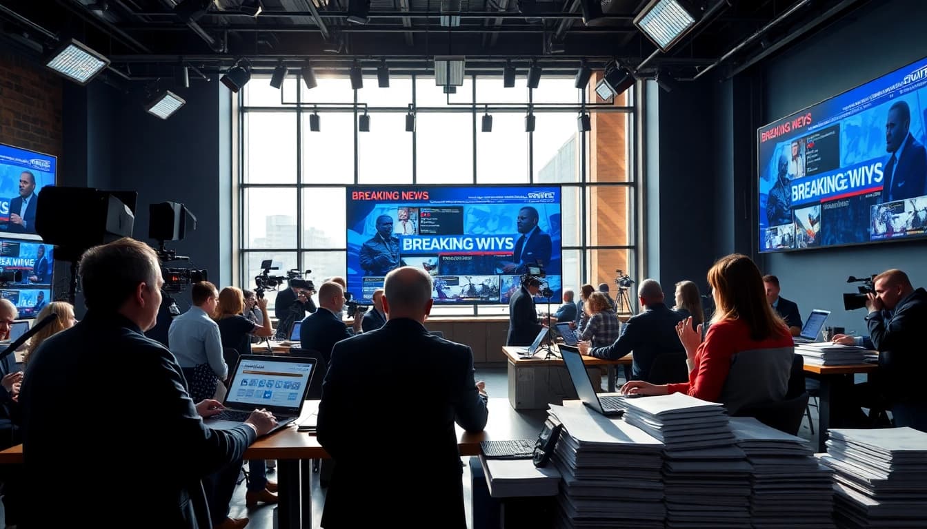 Reporters covering breaking news in a modern newsroom setting