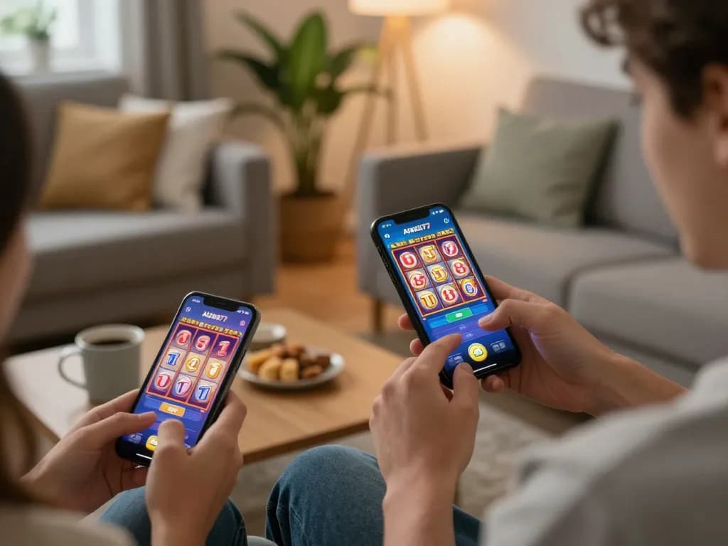 Players enjoying spins on the alexis77 mobile app, showcasing vibrant slot game experience in a cozy living room atmosphere