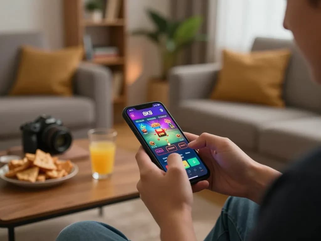 Player enjoying a thrilling moment on the 8K8 casino app in a cozy home setting
