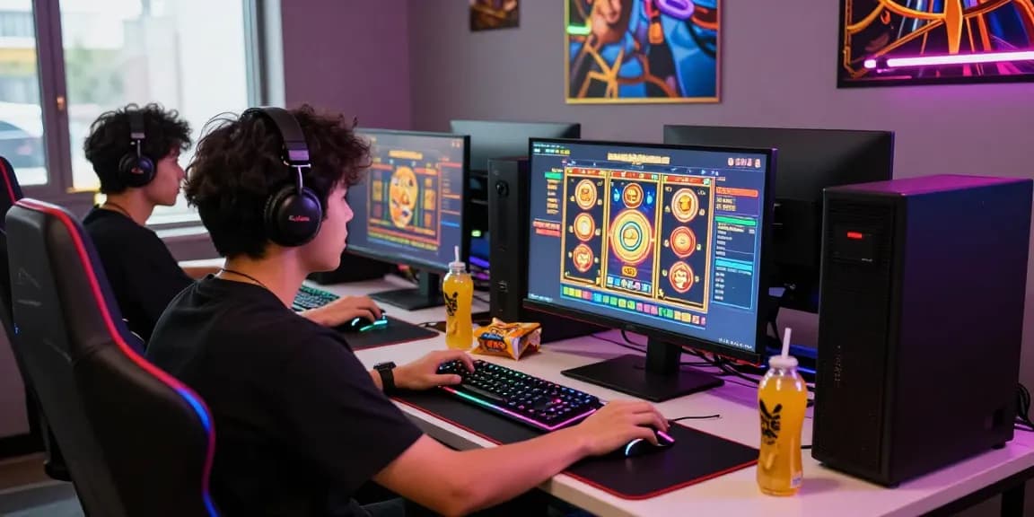 Gamer engaged with vibrant slot depo 1000 interface on multiple monitors in an exciting online gaming environment.