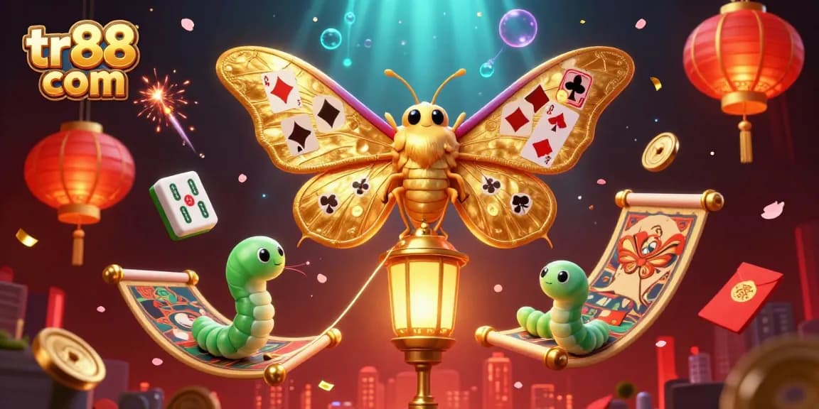 Engage with the vibrant tr88 com gaming universe featuring golden moths and casino treasures.