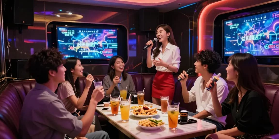 강남가라오케에서 친구들과 함께 즐거운 시간을 보내는 모습, 화려한 조명 및 고급 음향 시스템이 특징입니다.