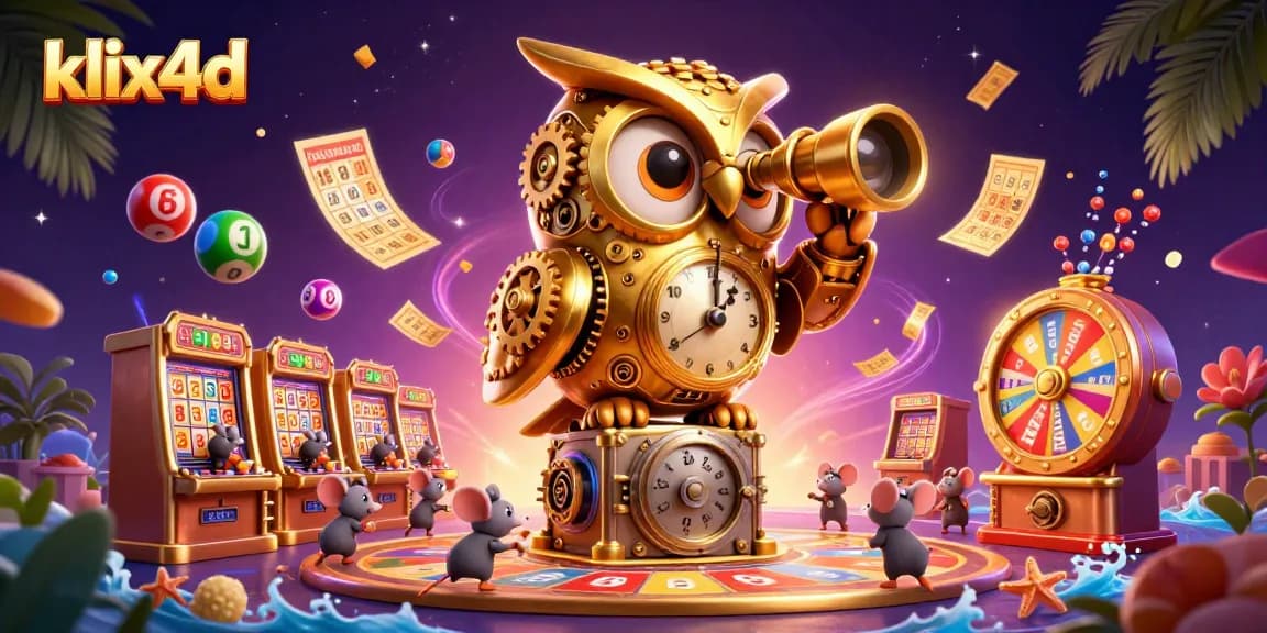 Menangi lotere dengan klix4d, menggambarkan karakter lucu di kasino dengan bola undian berwarna-warni.