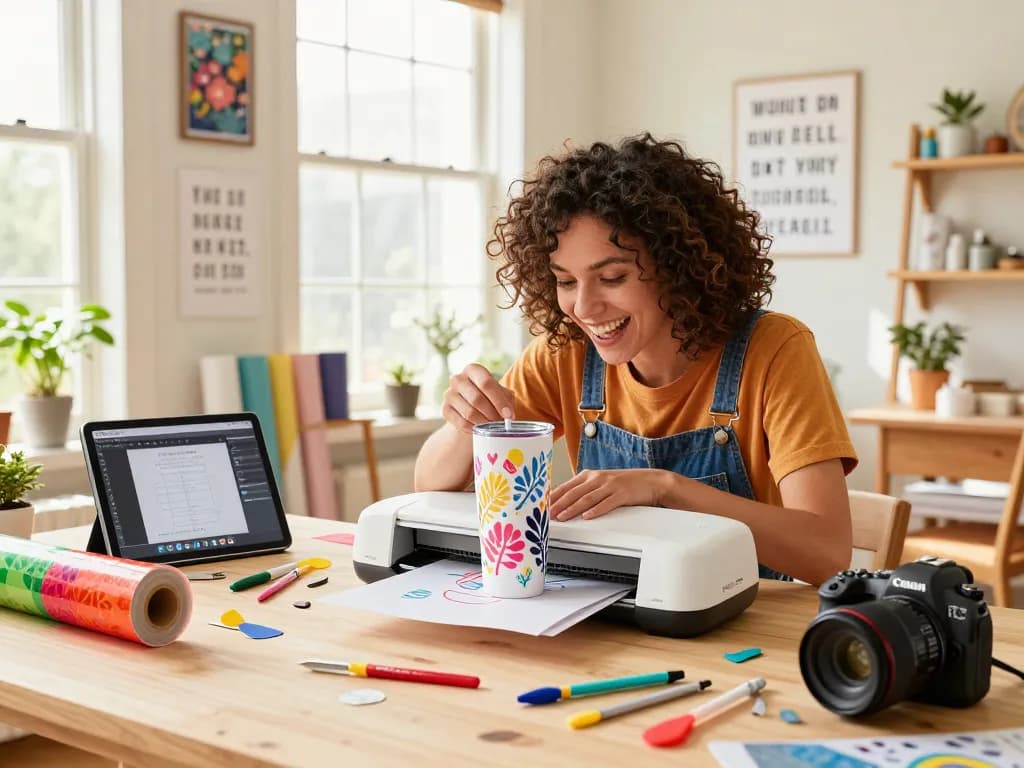 DIY enthusiast crafting with a Cricut, showcasing diverse SVG bundle designs and vibrant materials.