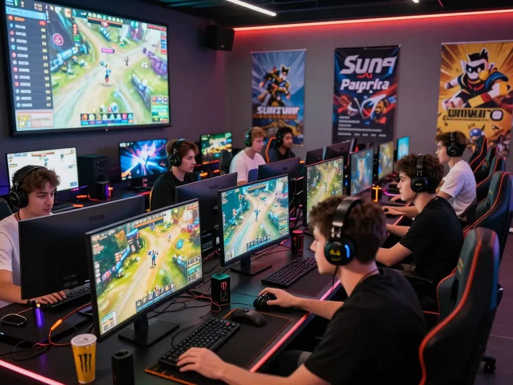 Link tải sunwin featured in a vibrant online gaming scene with enthusiastic players and high-tech equipment.