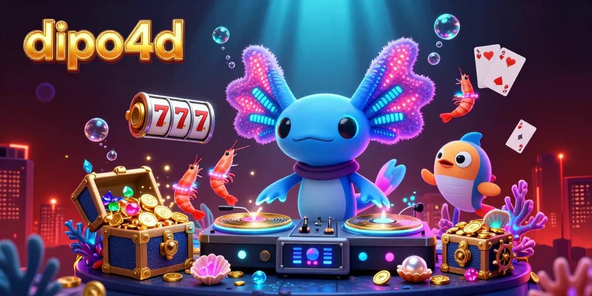 Experience jackpot excitement with dipo4d in a vibrant underwater casino scene featuring an axolotl DJ and lively characters.