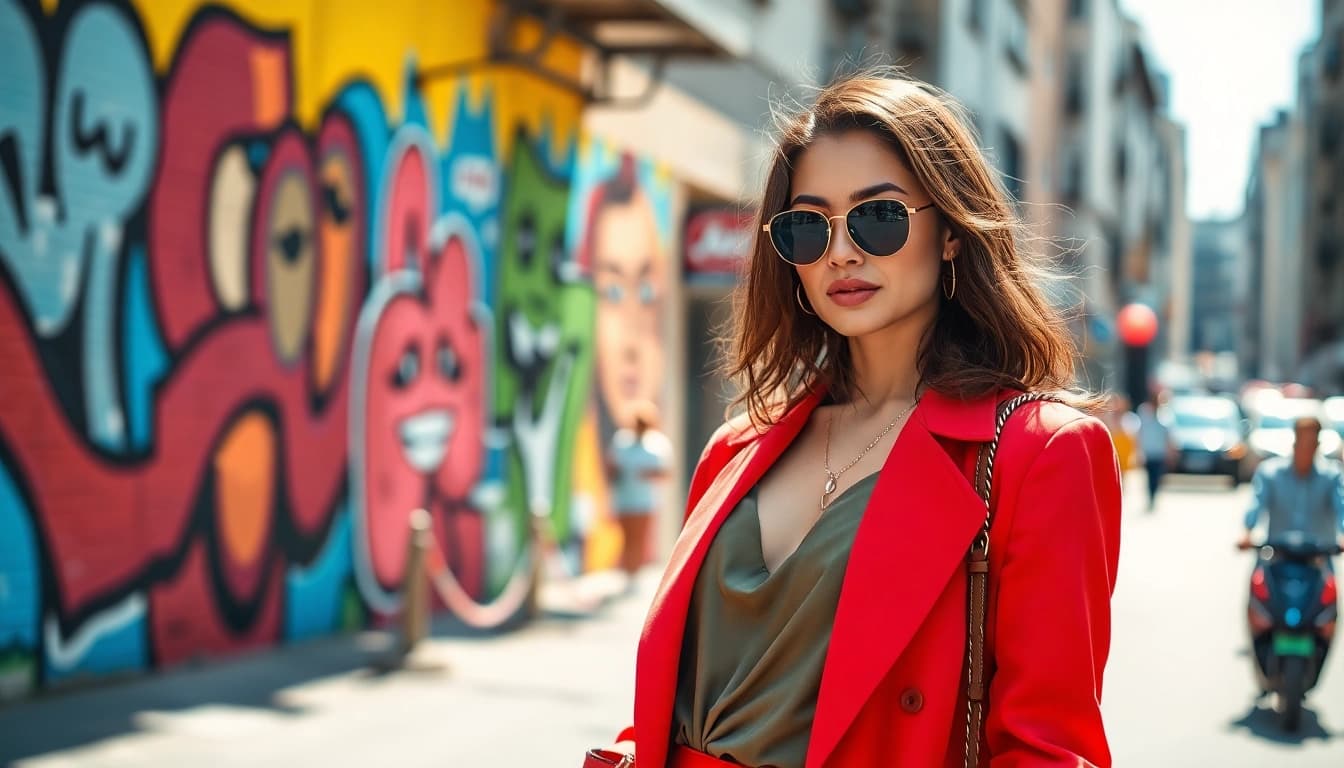 Fashion model poses confidently in vibrant urban setting, showcasing stylish outfit and accessories.