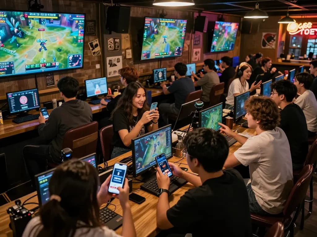 Fans excitedly using the TR88 betting app while watching esports matches in a sports bar