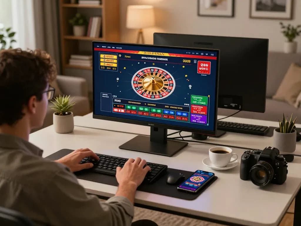 Engaged player enjoying spinpanda online casino games on a modern gaming setup.