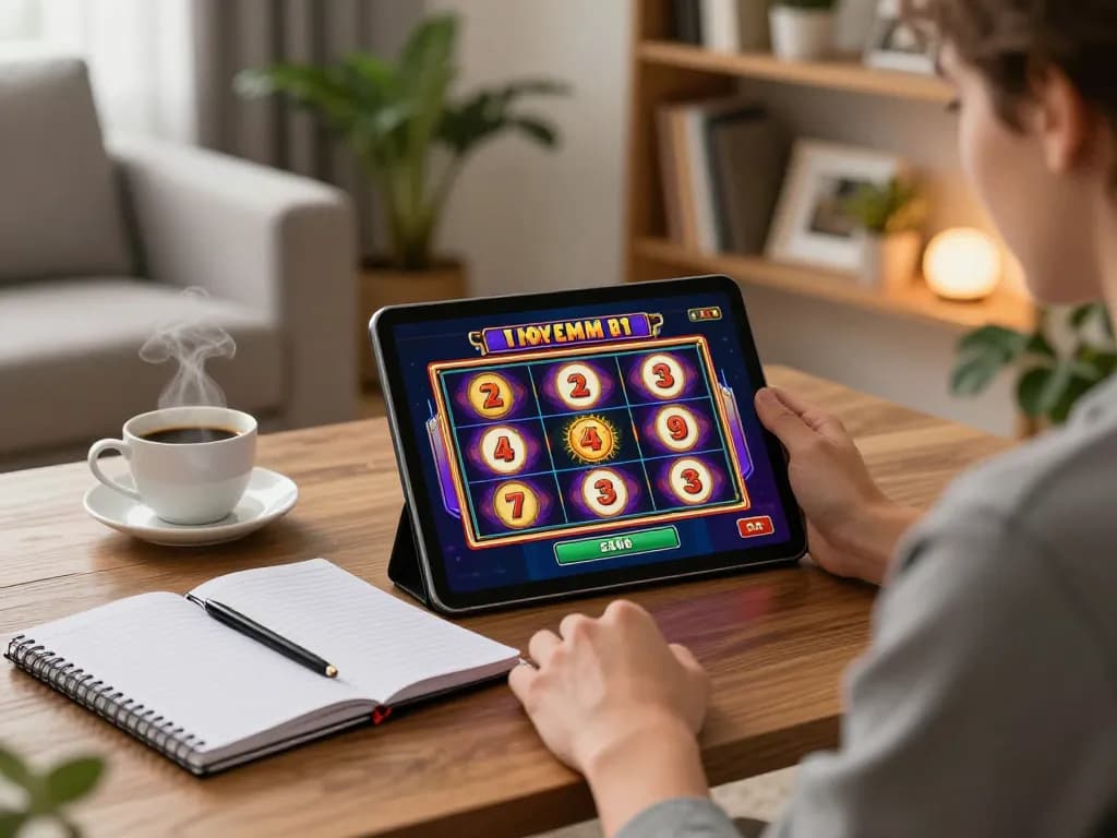Person engaging with 68win online slots on tablet in a cozy setting, showcasing responsible gaming.