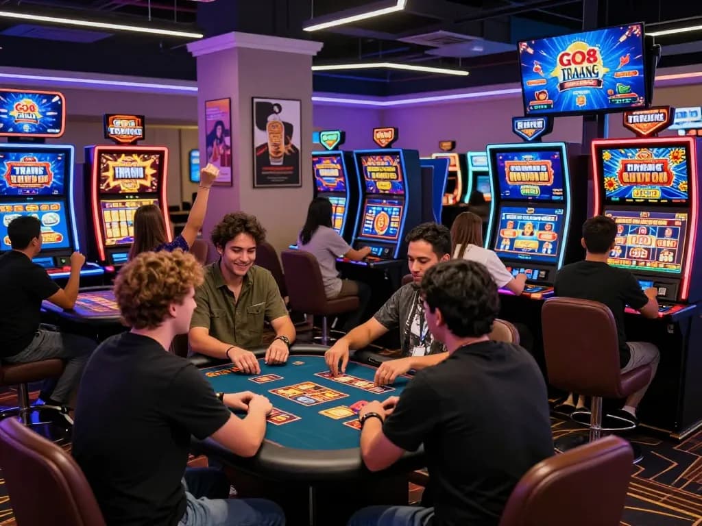 Players enjoying the lively atmosphere at the GO8 TRANG CHỦ online casino, celebrating wins with vibrant gaming elements.