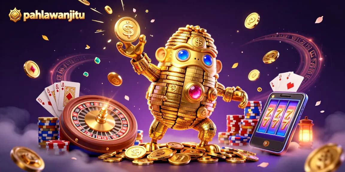 Experience thrilling wins with pahlawanjitu's dynamic golden golem amid cascading coins and vibrant casino elements.