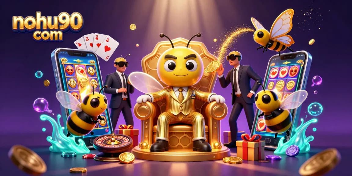Nohu90 com showcases a vibrant casino scene with slot games, colorful games, and dynamic characters.