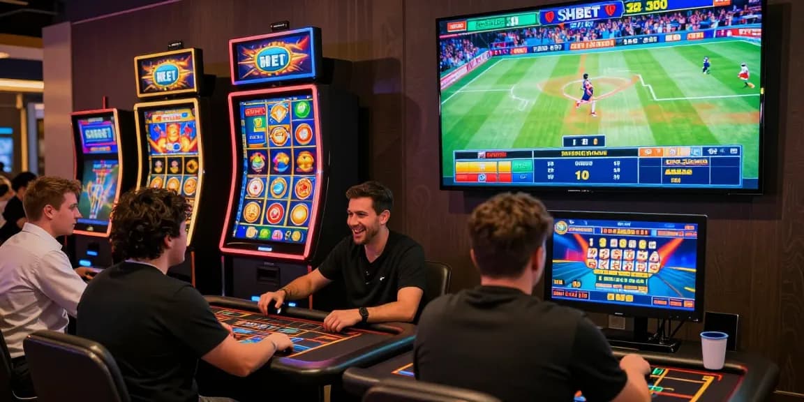 SHBET online gambling scene showcasing diverse players enjoying sports betting, casino games, and slots.