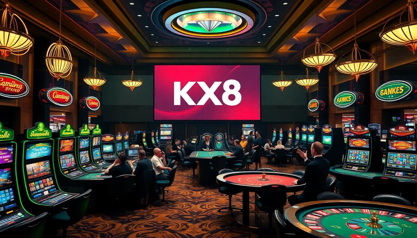 The KX8 app logo shines brightly in a vibrant casino scene with tables, slot machines, and excited players.