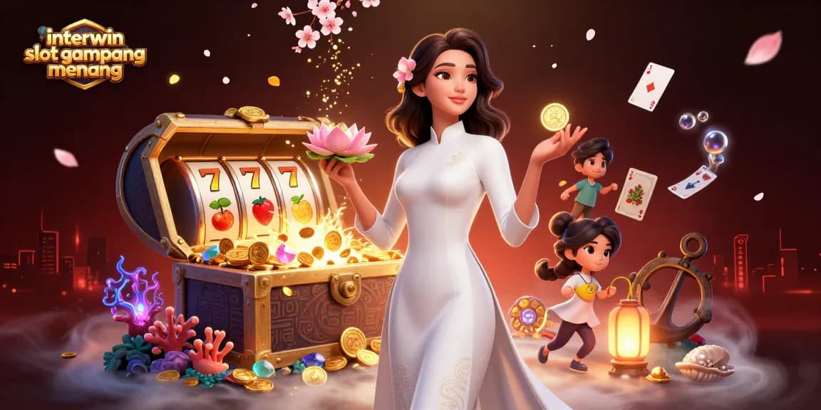 Win big with interwin slot gampang menang, featuring a stunning casino-inspired 3D illustration.