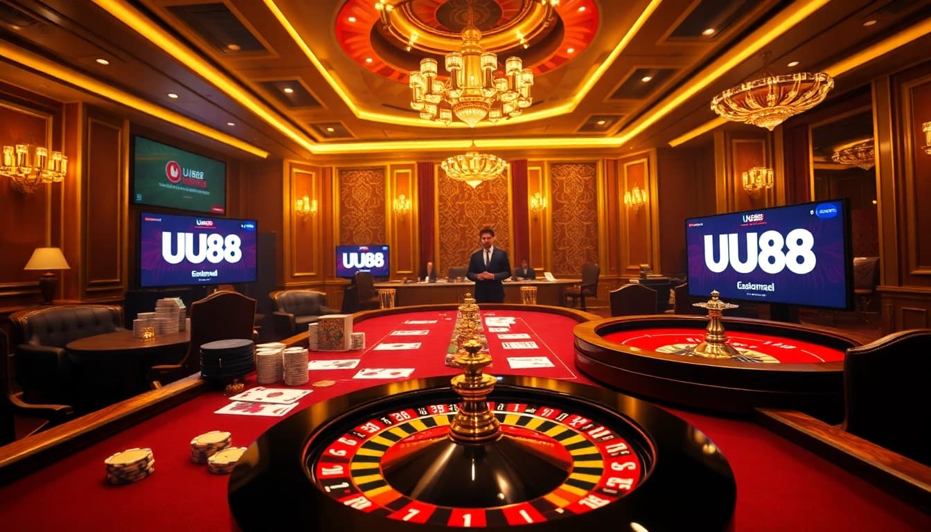 UU88 online casino table with poker chips, cards, and roulette wheel for thrilling gameplay.