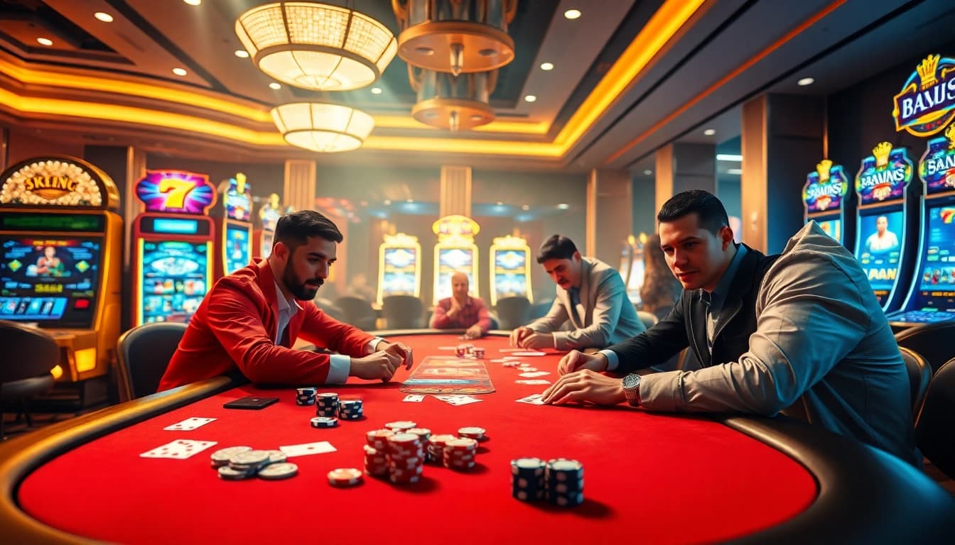 Players enjoy an electrifying poker match at https://3king.cn.com/, surrounded by vibrant slot machines and casino ambiance.