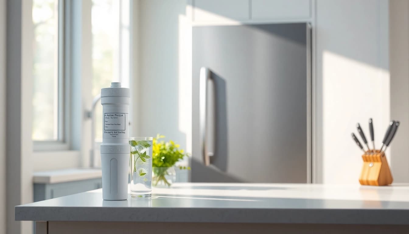 Waterdrop WF1CB Replacement for Frigidaire® PureSource WFCB water filter displayed in a clean kitchen with fresh water and plants.