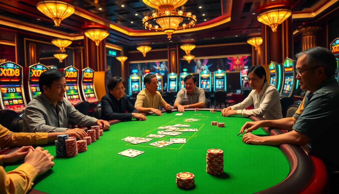 Players enjoying poker at a luxurious casino table representing xin88 ambiance.