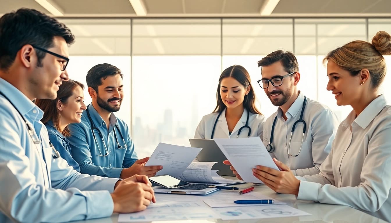 Engaged healthcare team collaborating at https://www.medexdtc.com in a modern office.